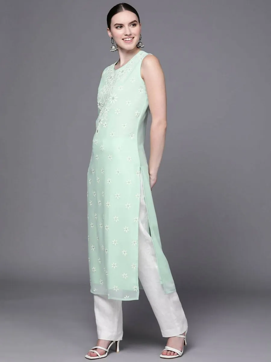 Ahalyaa Women Sea Green Floral Printed Georgette Kurta