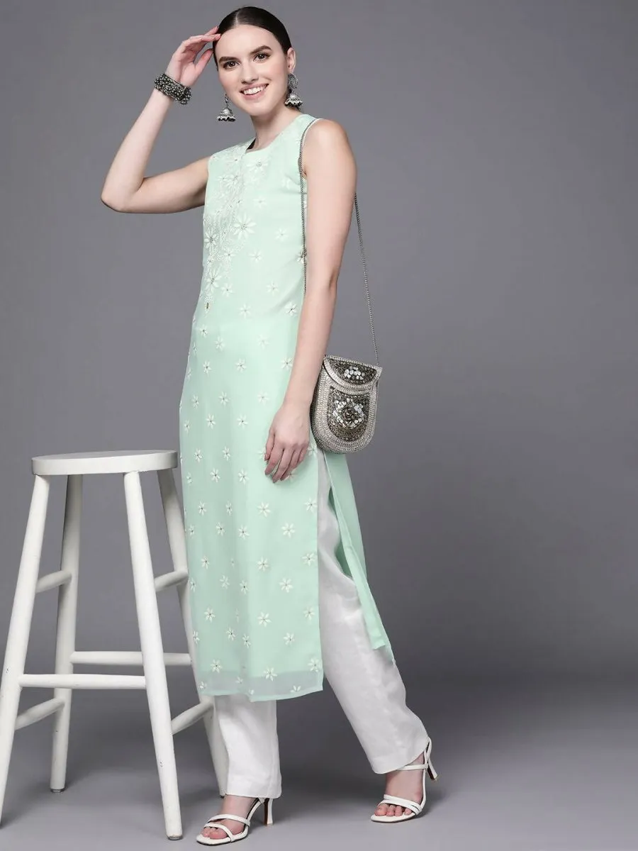 Ahalyaa Women Sea Green Floral Printed Georgette Kurta