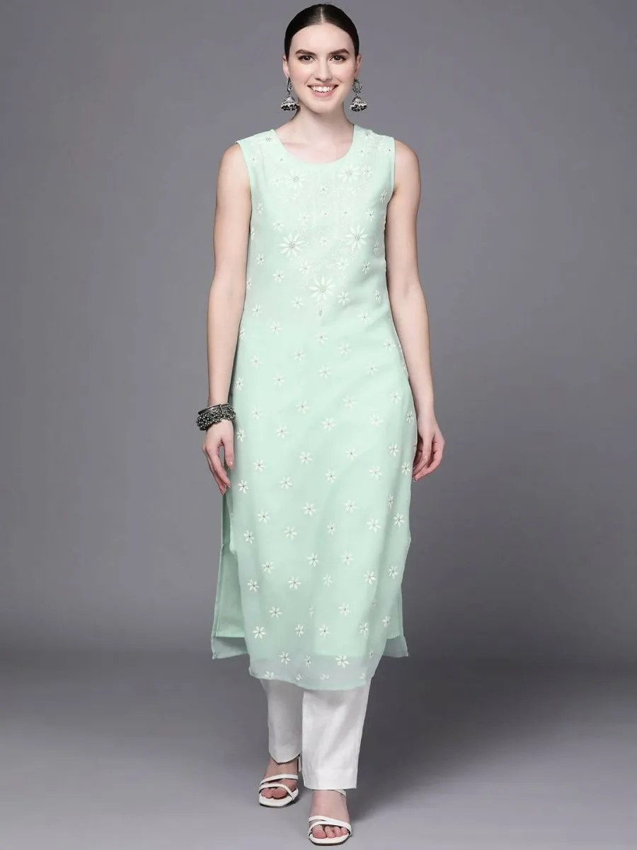 Ahalyaa Women Sea Green Floral Printed Georgette Kurta