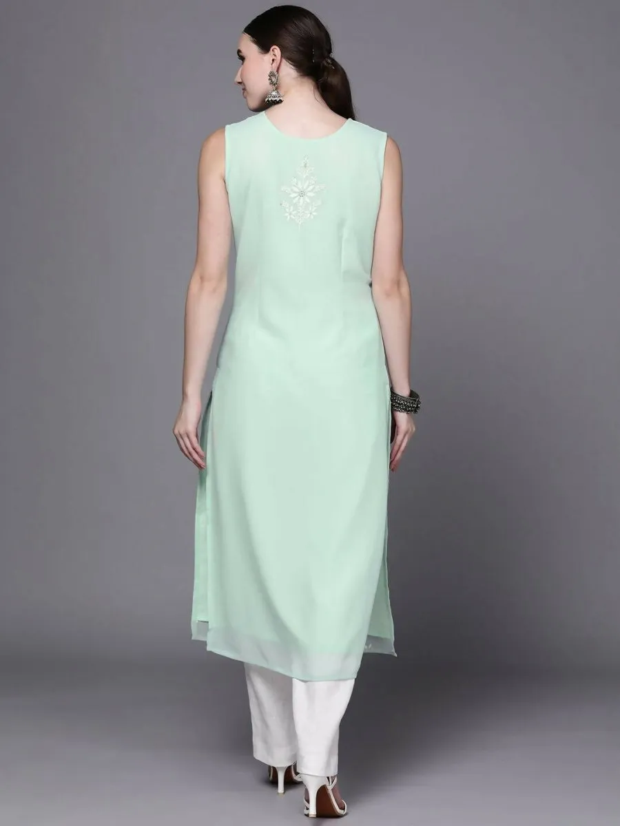 Ahalyaa Women Sea Green Floral Printed Georgette Kurta