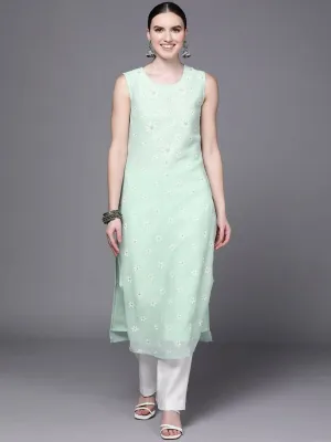 Ahalyaa Women Sea Green Floral Printed Georgette Kurta