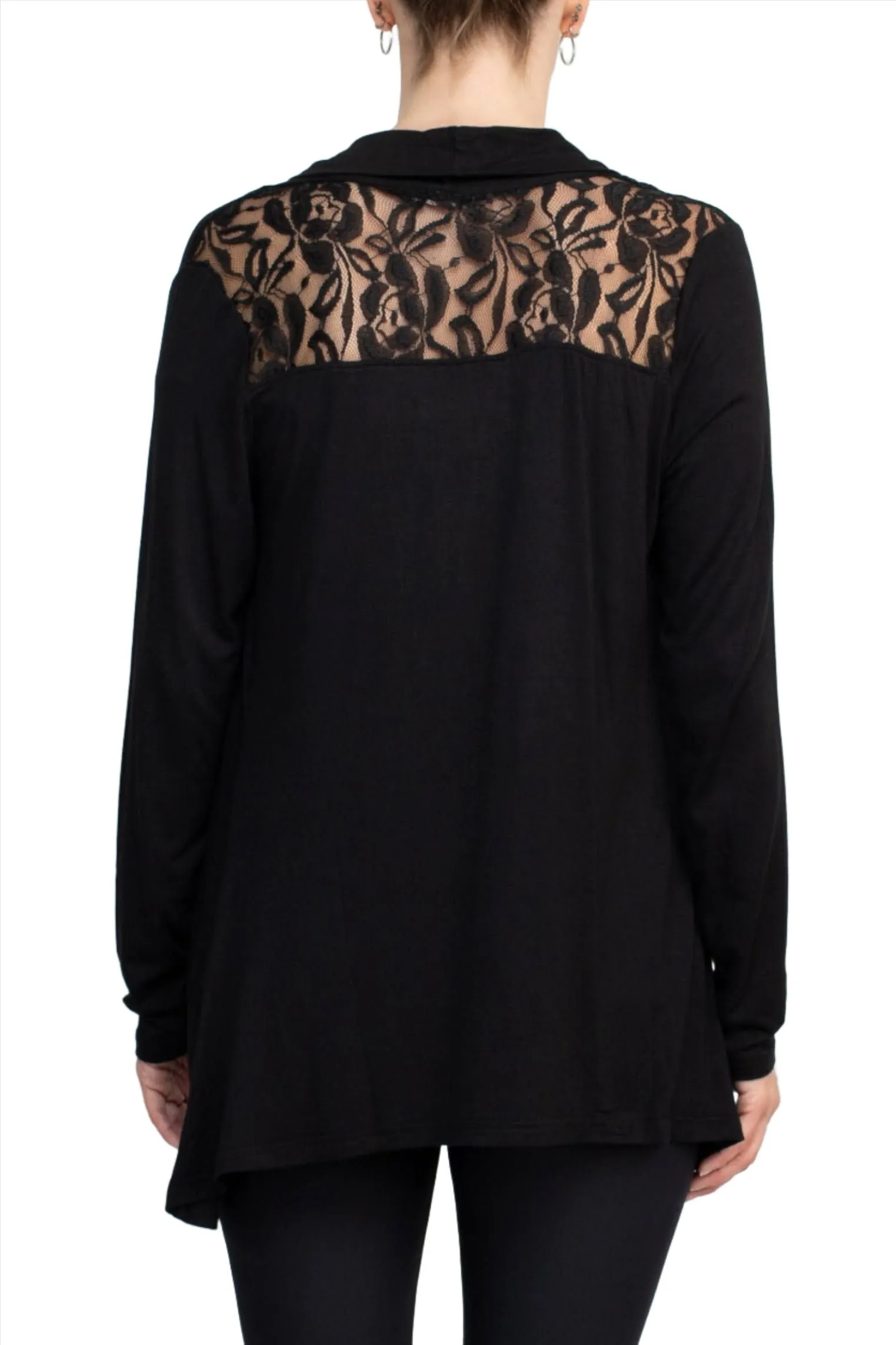 Anne Rose Open Front Long Sleeve Embroidered Back Jersey Cardigan
