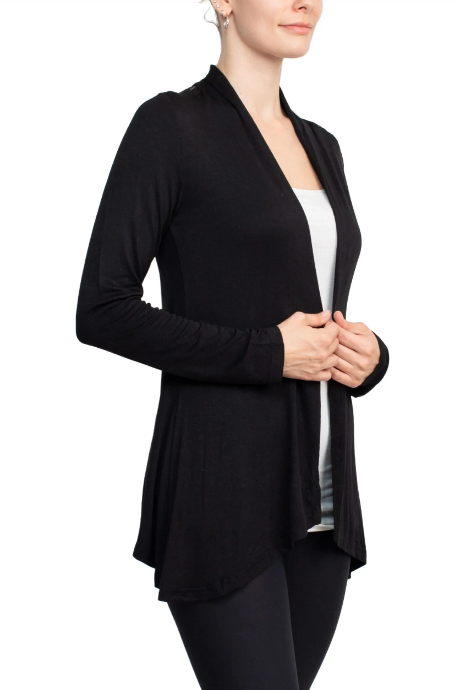Anne Rose Open Front Long Sleeve Embroidered Back Jersey Cardigan
