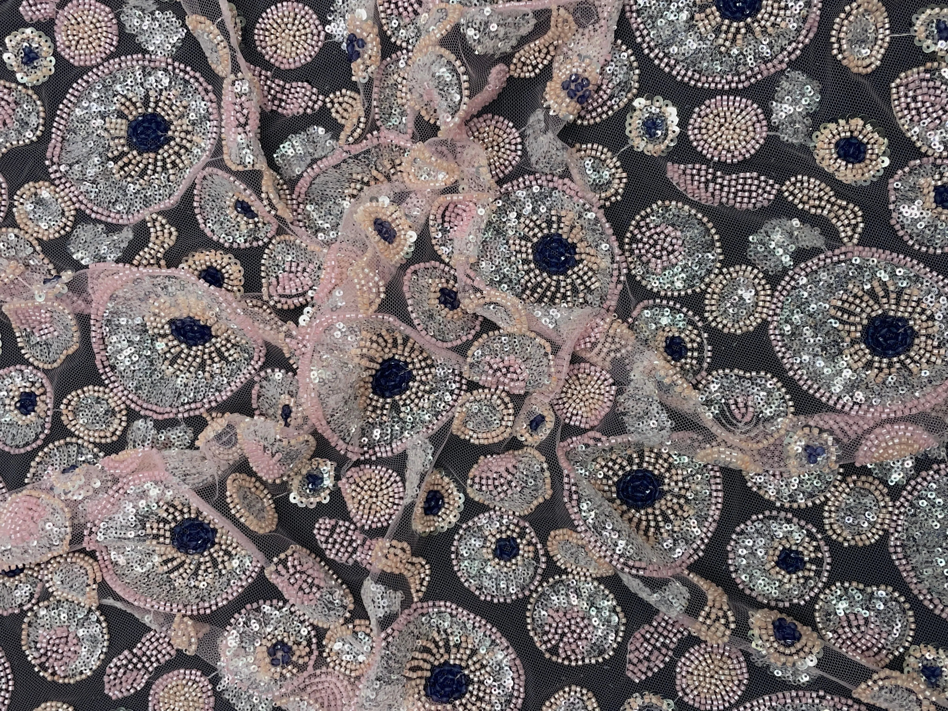 Baby Pink Geometric Cut Dana Embroidered Net Fabric