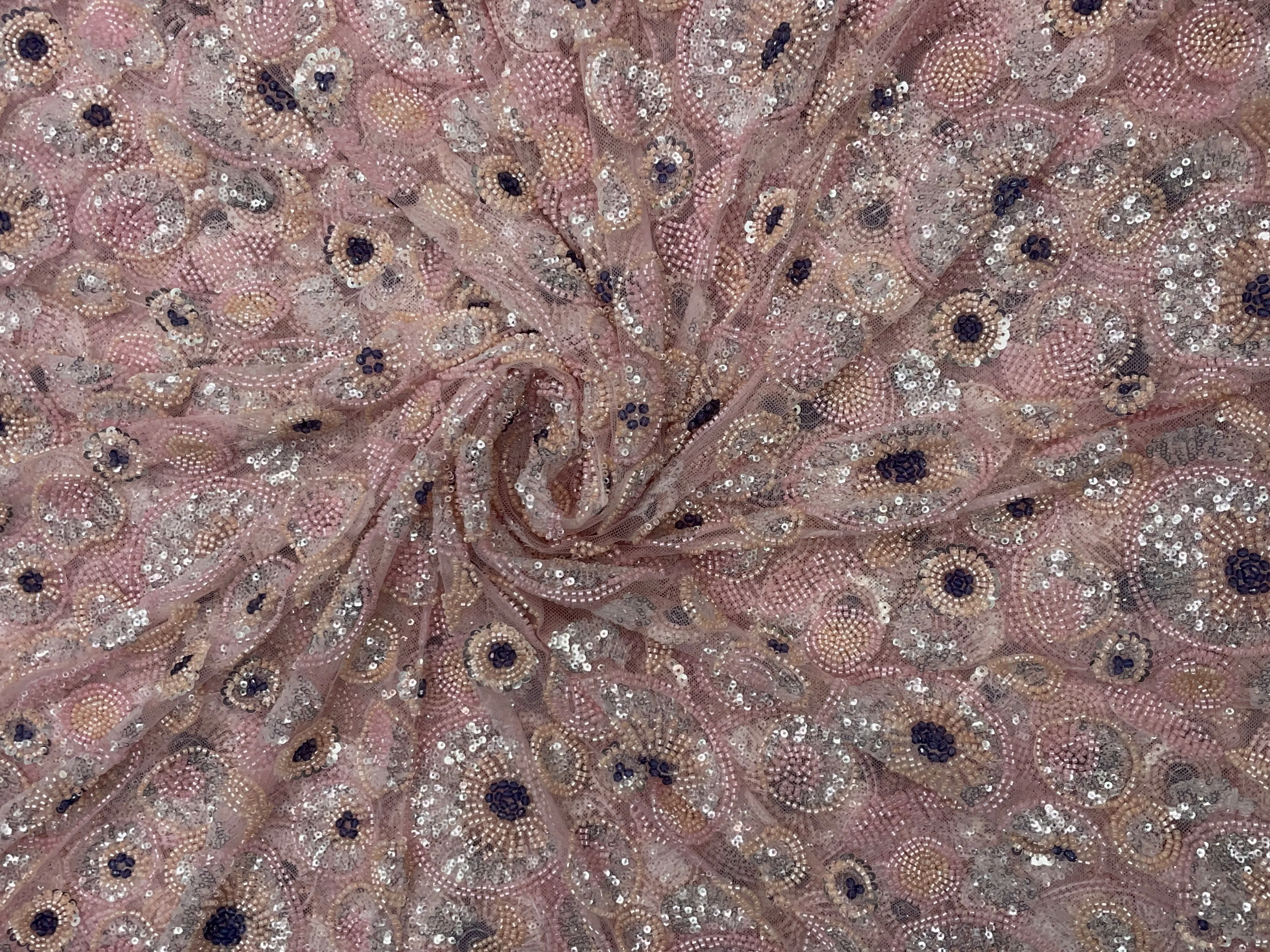 Baby Pink Geometric Cut Dana Embroidered Net Fabric