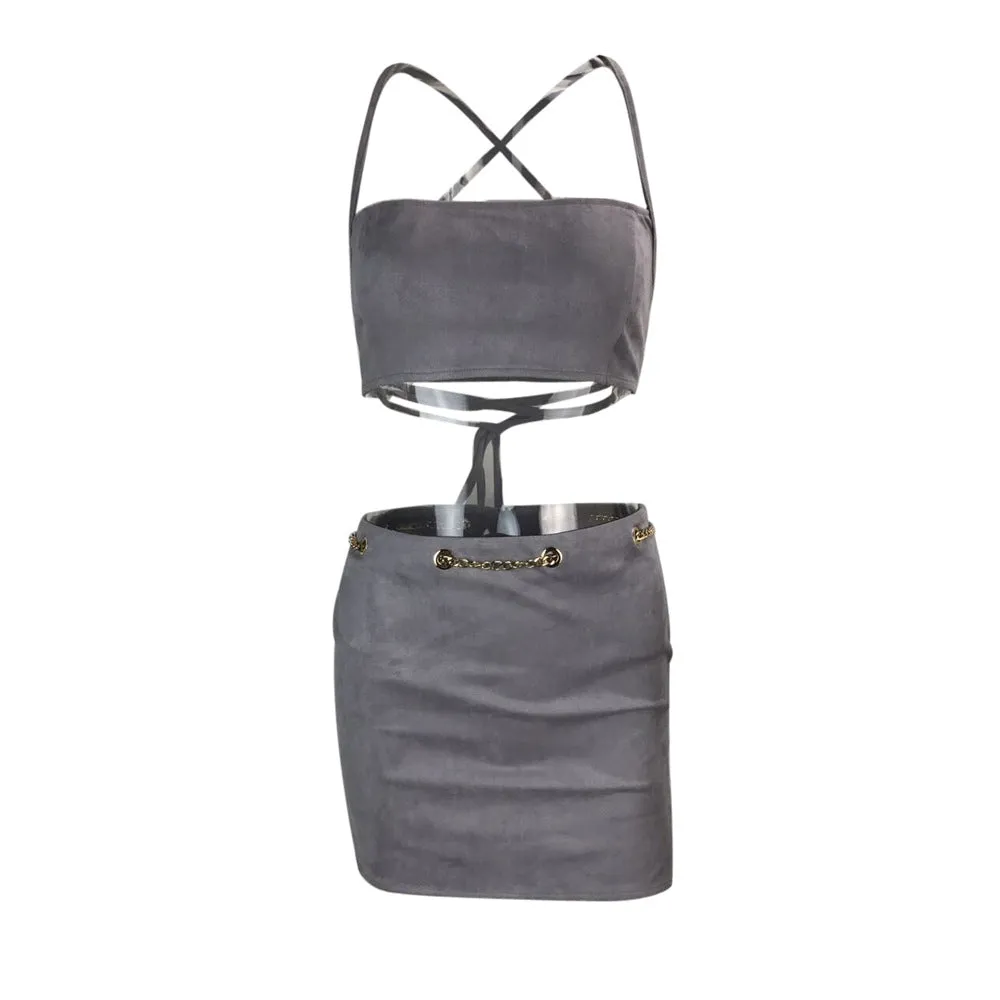 Back Straps Cross Crop Top Cami Split Short Skirt Two Pieces Dress Set