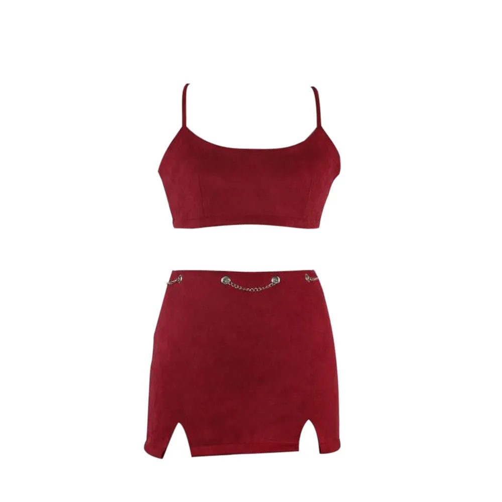 Back Straps Cross Crop Top Cami Split Short Skirt Two Pieces Dress Set
