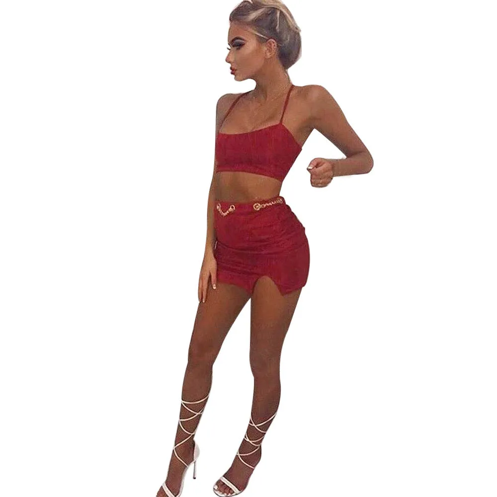 Back Straps Cross Crop Top Cami Split Short Skirt Two Pieces Dress Set