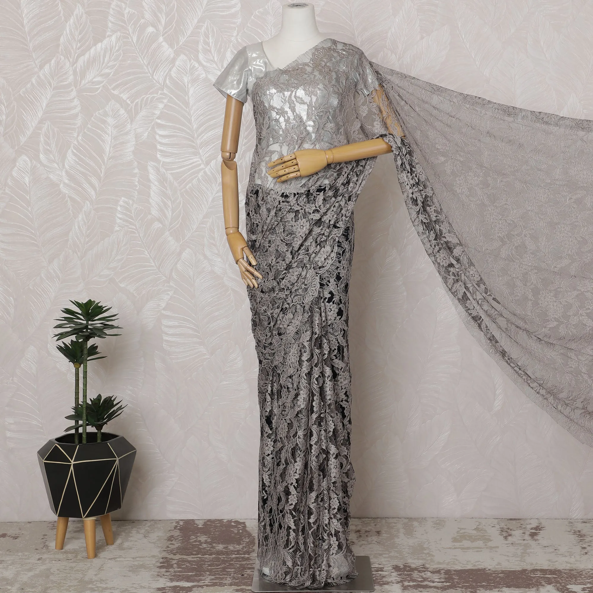 Beige and Black French Two-tone Chantilly Lace Saree - 110 cm Width, 5.5 Mtrs-D20178