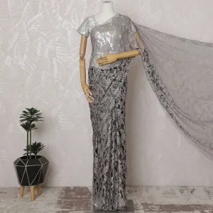 Beige and Black French Two-tone Chantilly Lace Saree - 110 cm Width, 5.5 Mtrs-D20178