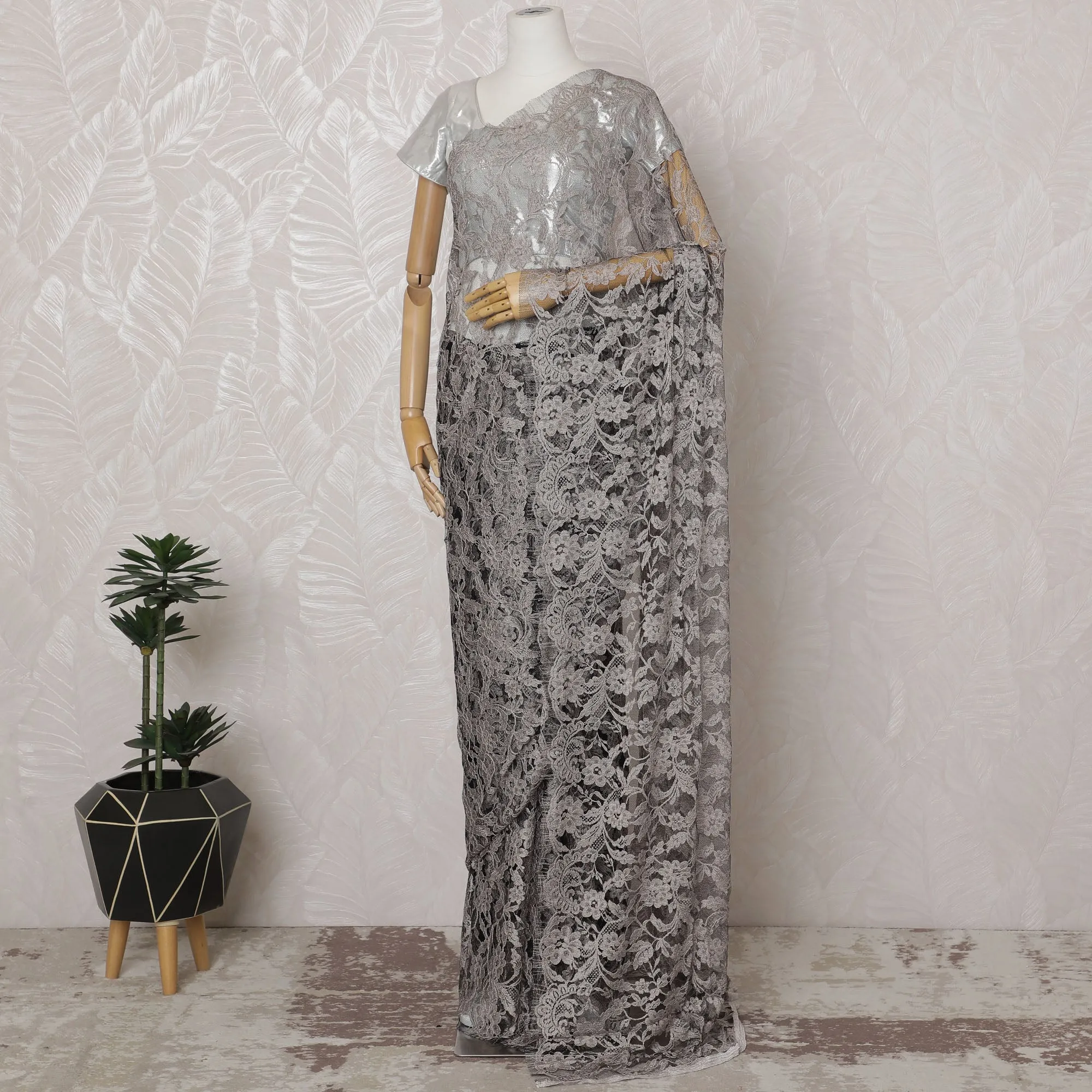 Beige and Black French Two-tone Chantilly Lace Saree - 110 cm Width, 5.5 Mtrs-D20178