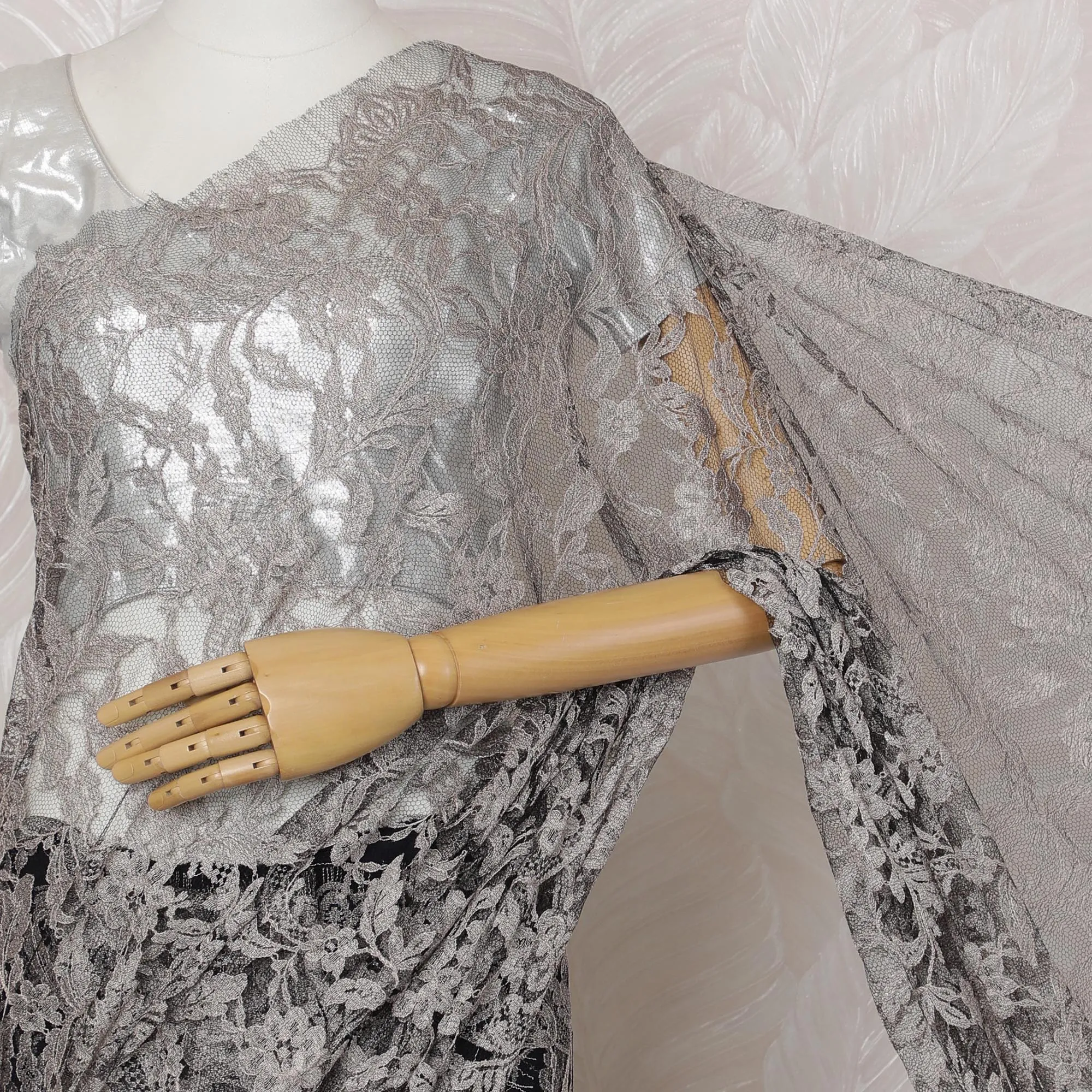 Beige and Black French Two-tone Chantilly Lace Saree - 110 cm Width, 5.5 Mtrs-D20178