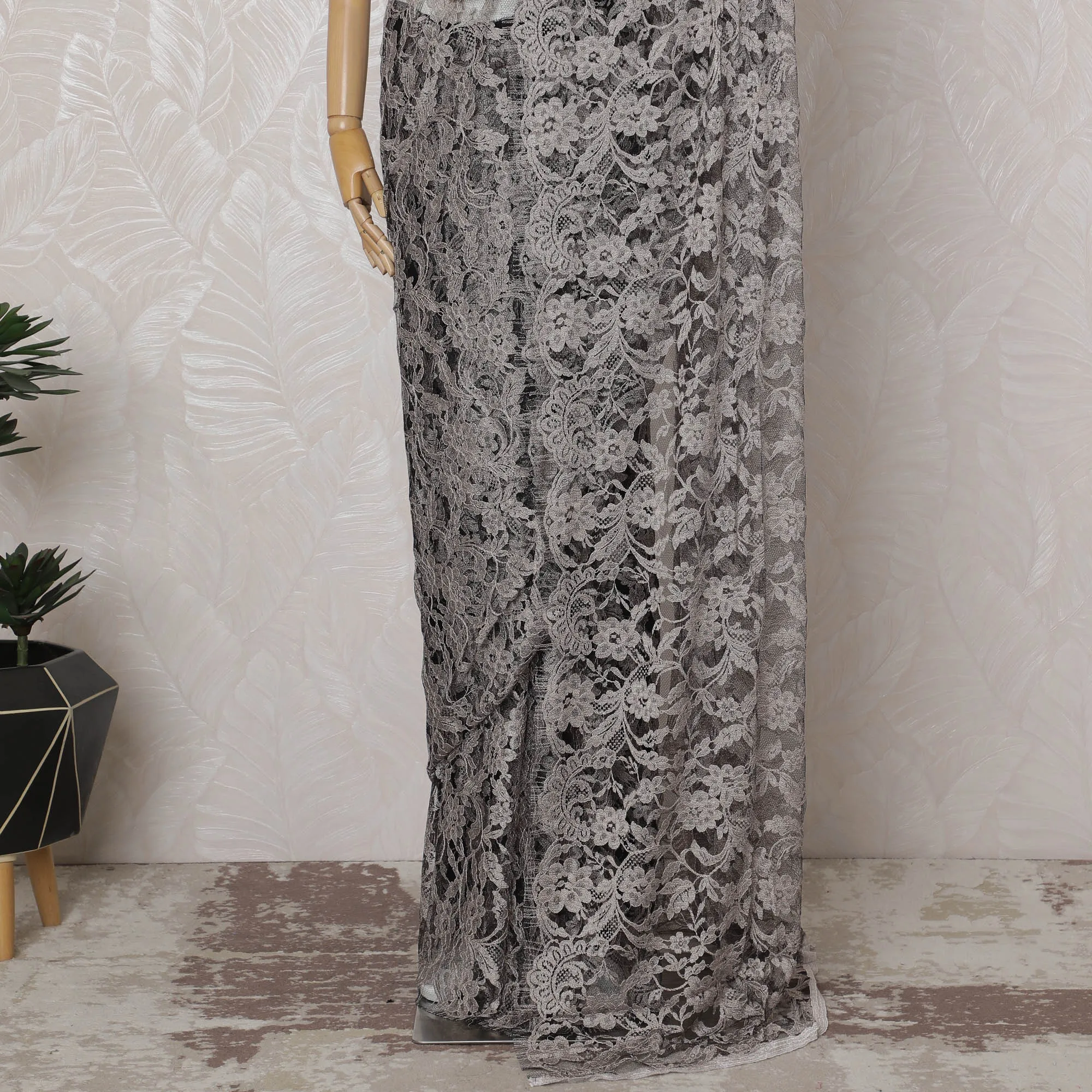 Beige and Black French Two-tone Chantilly Lace Saree - 110 cm Width, 5.5 Mtrs-D20178