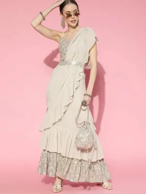Beige Embellished Georgette Ready to Wear Saree