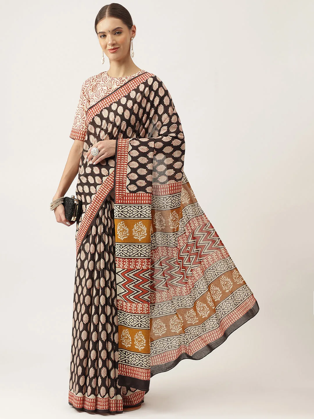 Black & Beige HandBlock MulMul Cotton Saree