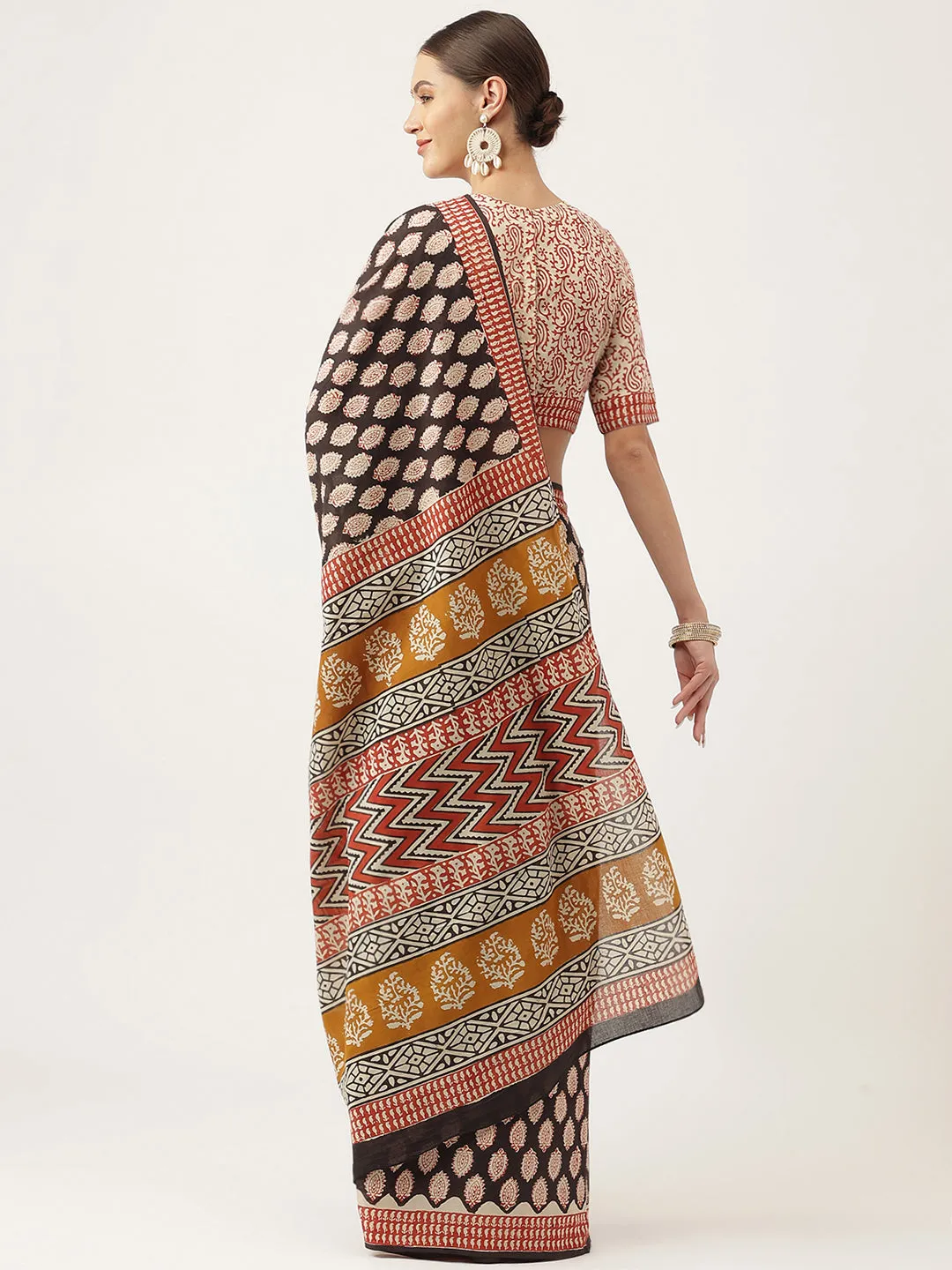 Black & Beige HandBlock MulMul Cotton Saree