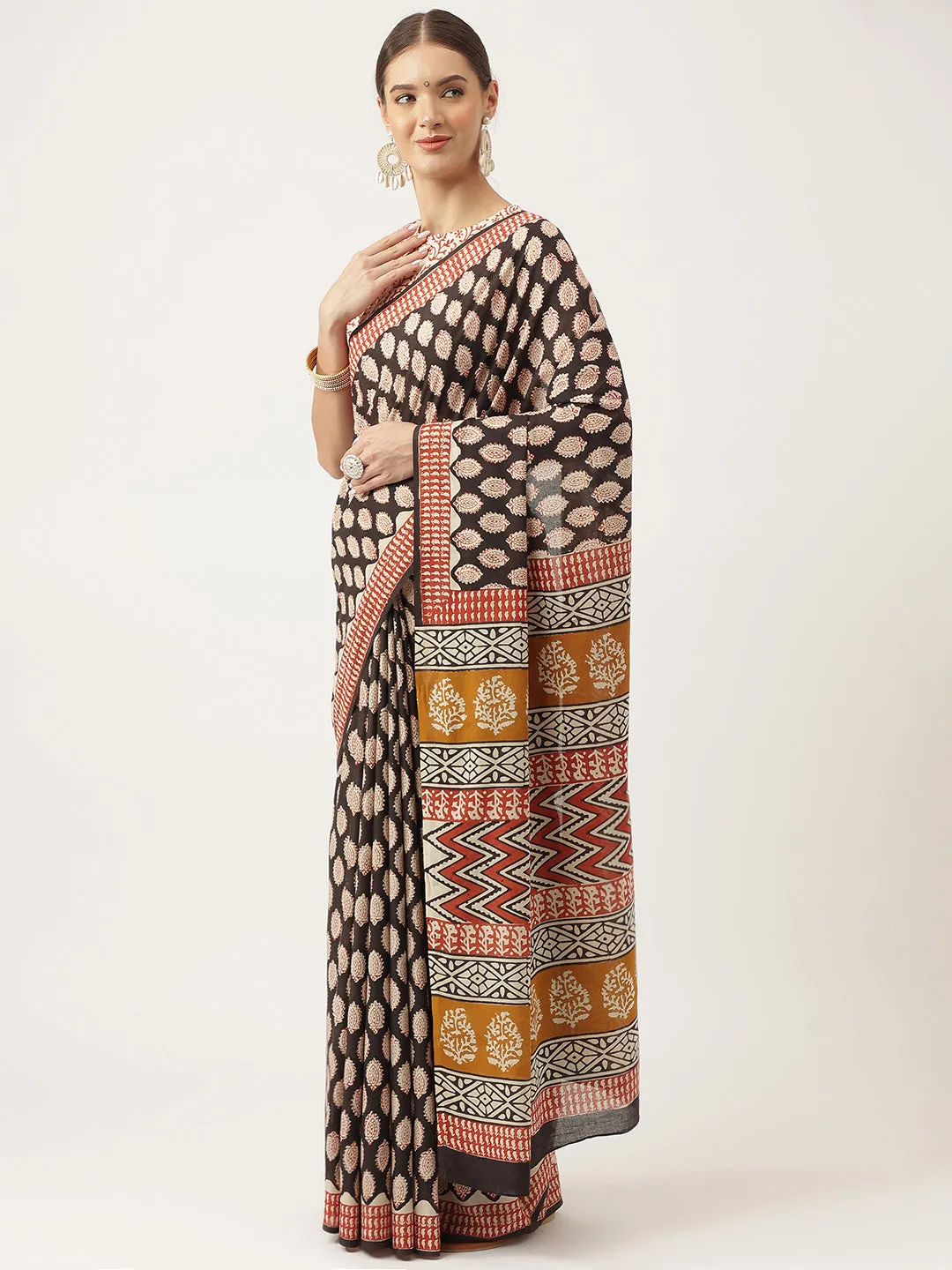 Black & Beige HandBlock MulMul Cotton Saree