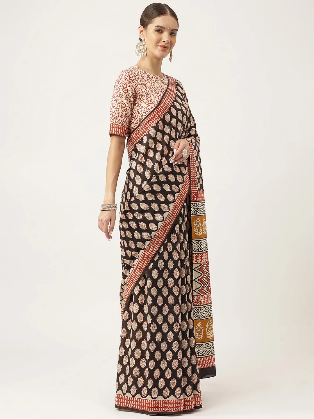 Black & Beige HandBlock MulMul Cotton Saree