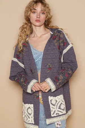 Blue Zone Planet |  POL Embroidered Open Front Quilted Jacket with Crochet Pockets