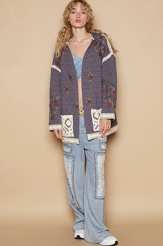 Blue Zone Planet |  POL Embroidered Open Front Quilted Jacket with Crochet Pockets