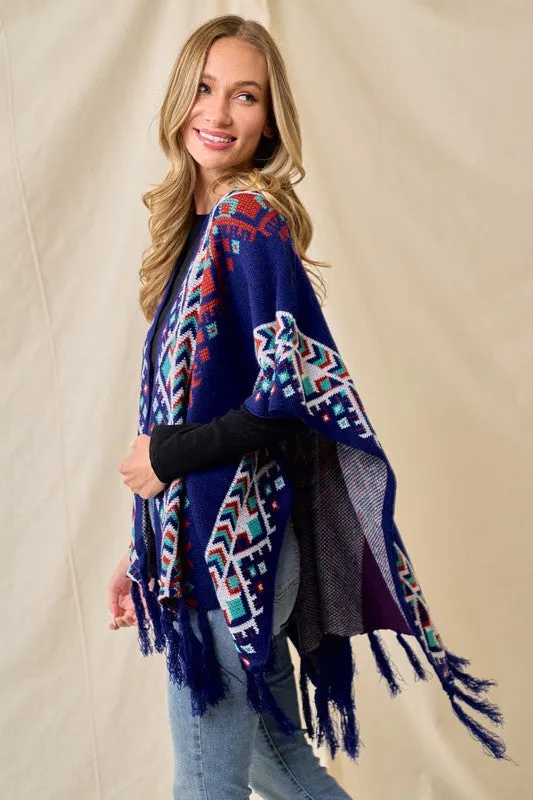Blue/Multi Sweater Shawl Wrap With Aztec Pattern