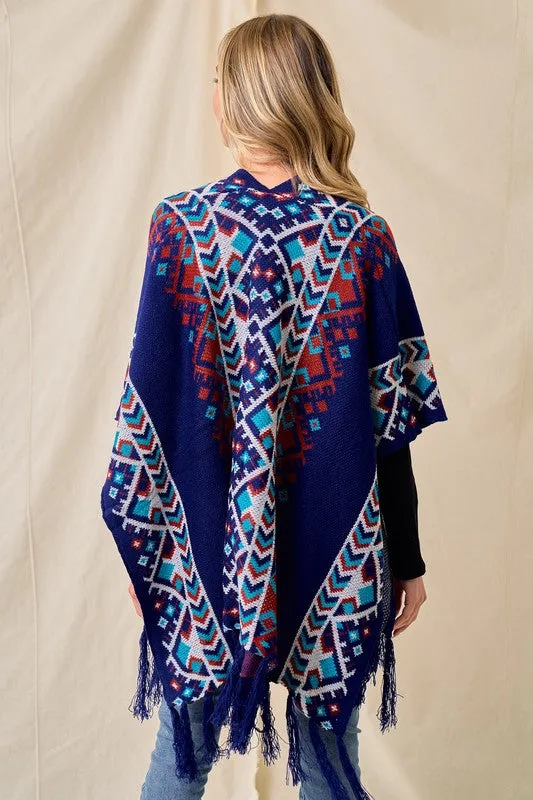 Blue/Multi Sweater Shawl Wrap With Aztec Pattern