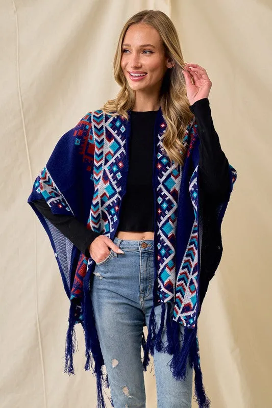 Blue/Multi Sweater Shawl Wrap With Aztec Pattern