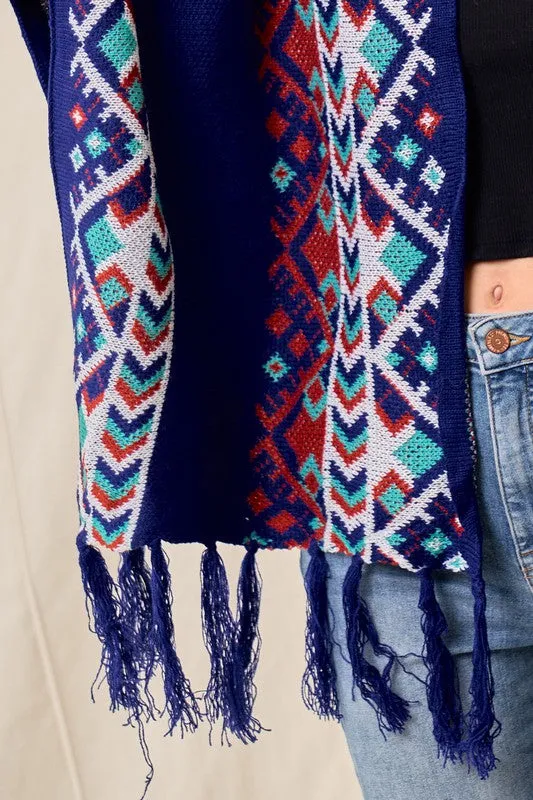 Blue/Multi Sweater Shawl Wrap With Aztec Pattern
