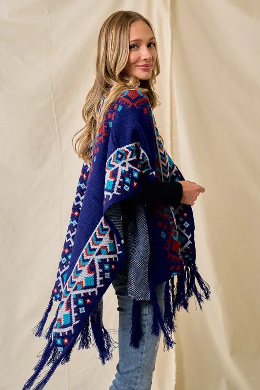 Blue/Multi Sweater Shawl Wrap With Aztec Pattern