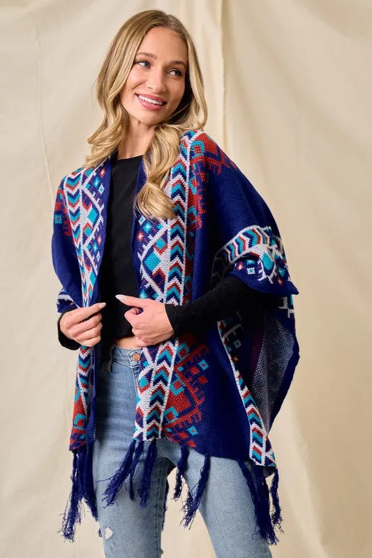 Blue/Multi Sweater Shawl Wrap With Aztec Pattern