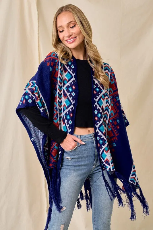 Blue/Multi Sweater Shawl Wrap With Aztec Pattern