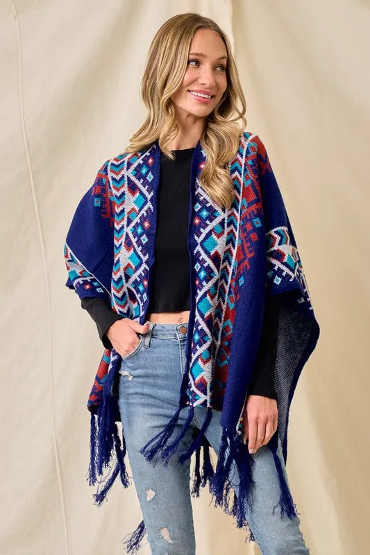 Blue/Multi Sweater Shawl Wrap With Aztec Pattern