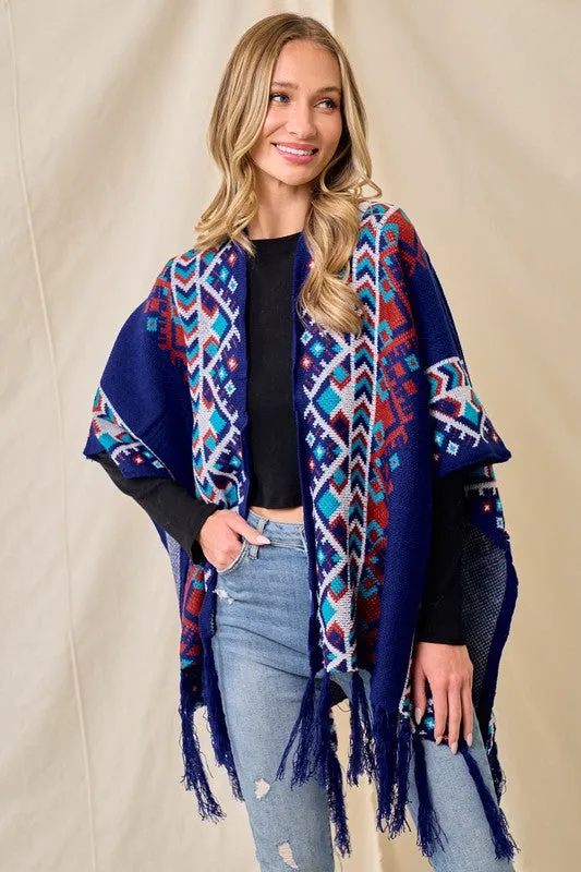 Blue/Multi Sweater Shawl Wrap With Aztec Pattern