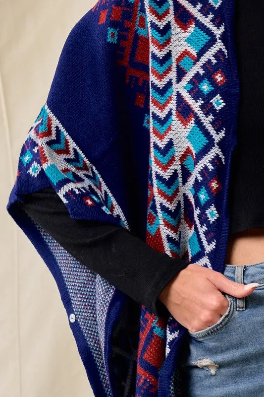 Blue/Multi Sweater Shawl Wrap With Aztec Pattern