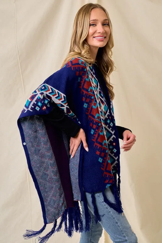 Blue/Multi Sweater Shawl Wrap With Aztec Pattern
