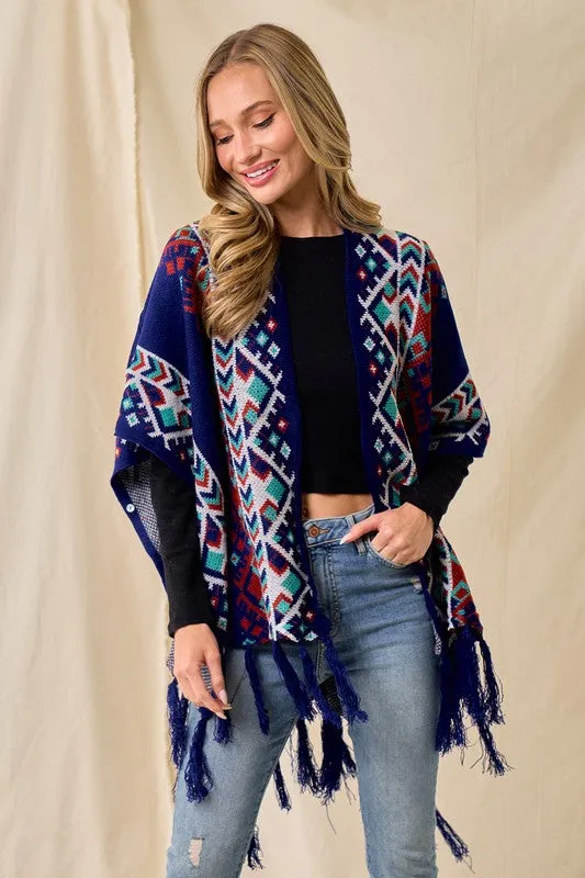 Blue/Multi Sweater Shawl Wrap With Aztec Pattern