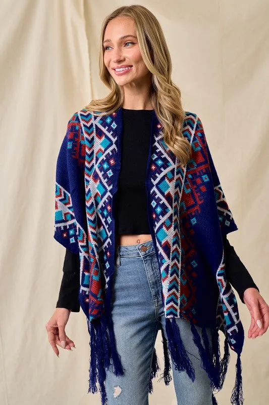 Blue/Multi Sweater Shawl Wrap With Aztec Pattern