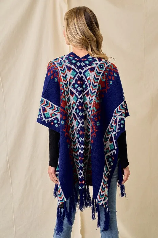 Blue/Multi Sweater Shawl Wrap With Aztec Pattern