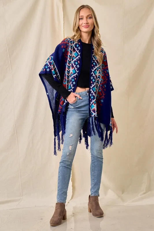Blue/Multi Sweater Shawl Wrap With Aztec Pattern