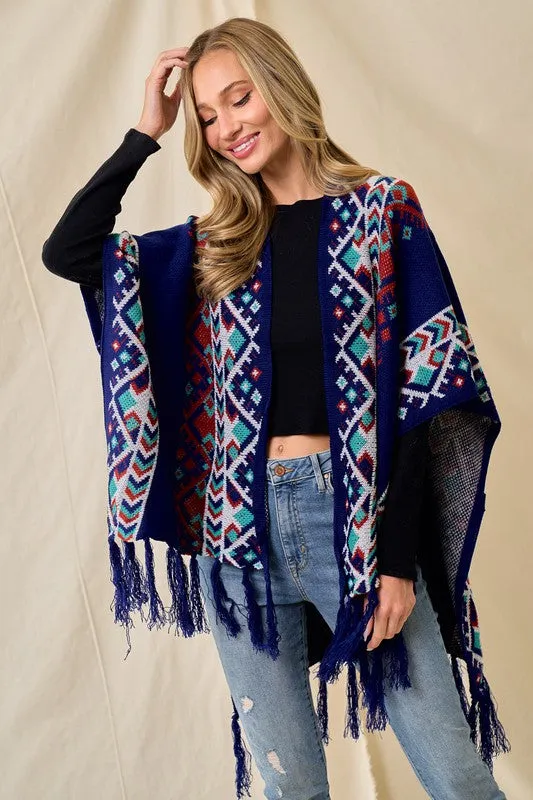 Blue/Multi Sweater Shawl Wrap With Aztec Pattern