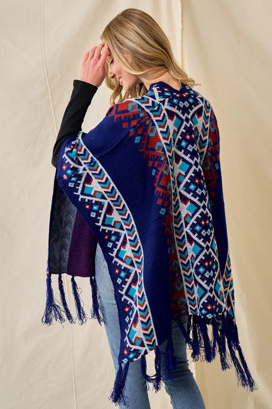 Blue/Multi Sweater Shawl Wrap With Aztec Pattern