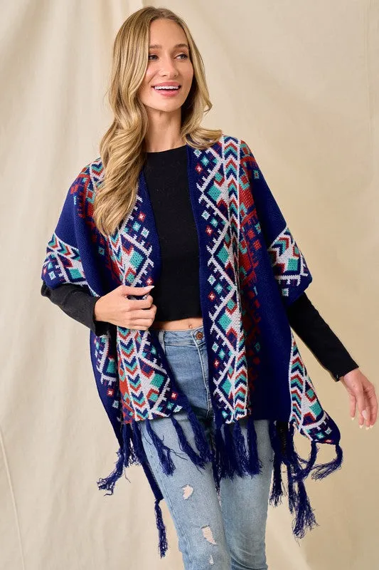 Blue/Multi Sweater Shawl Wrap With Aztec Pattern