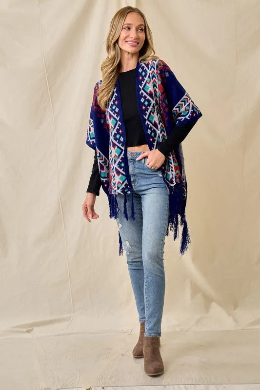 Blue/Multi Sweater Shawl Wrap With Aztec Pattern