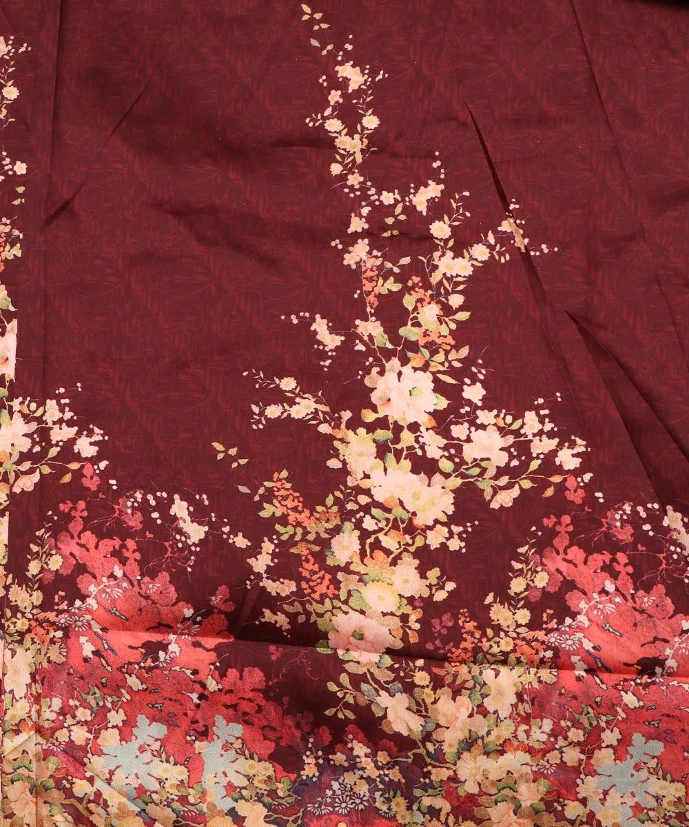 Brown Colour Floral Design Satin Moss Fabric