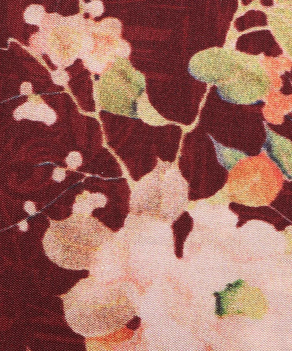 Brown Colour Floral Design Satin Moss Fabric