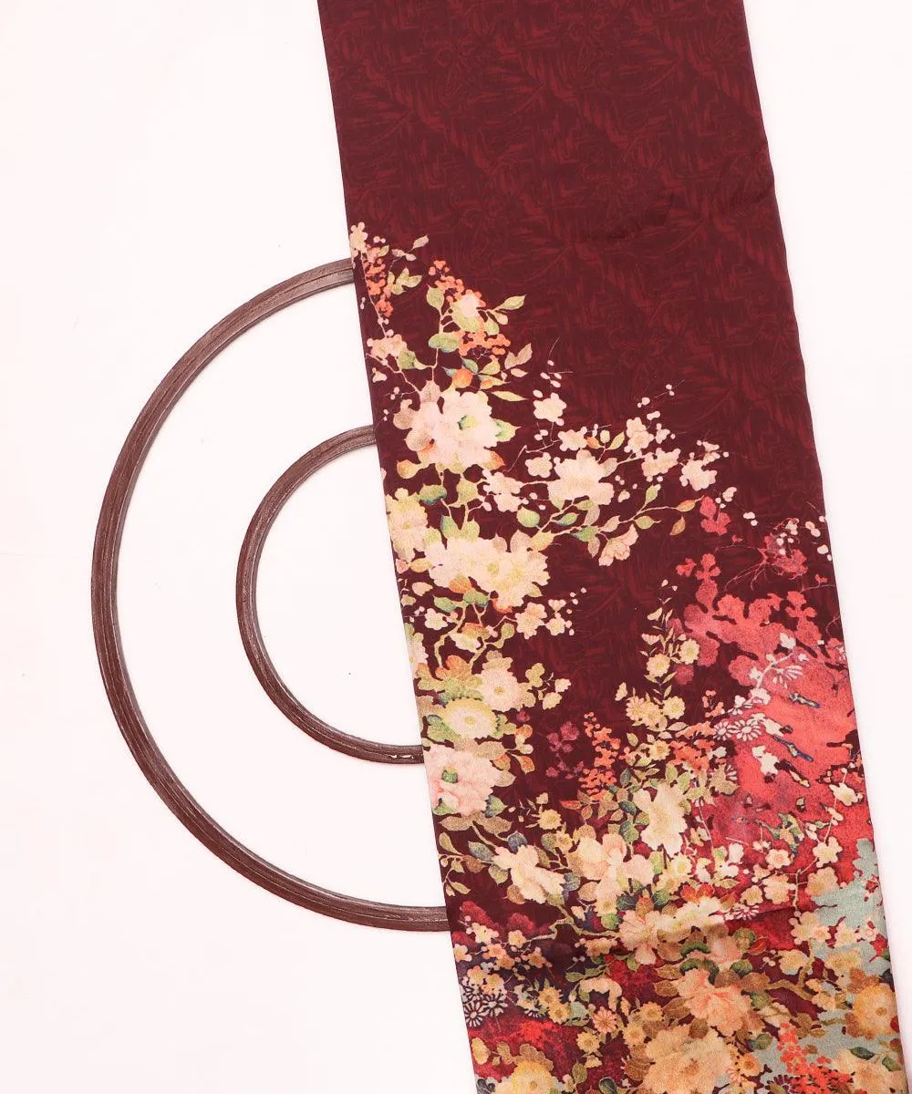 Brown Colour Floral Design Satin Moss Fabric