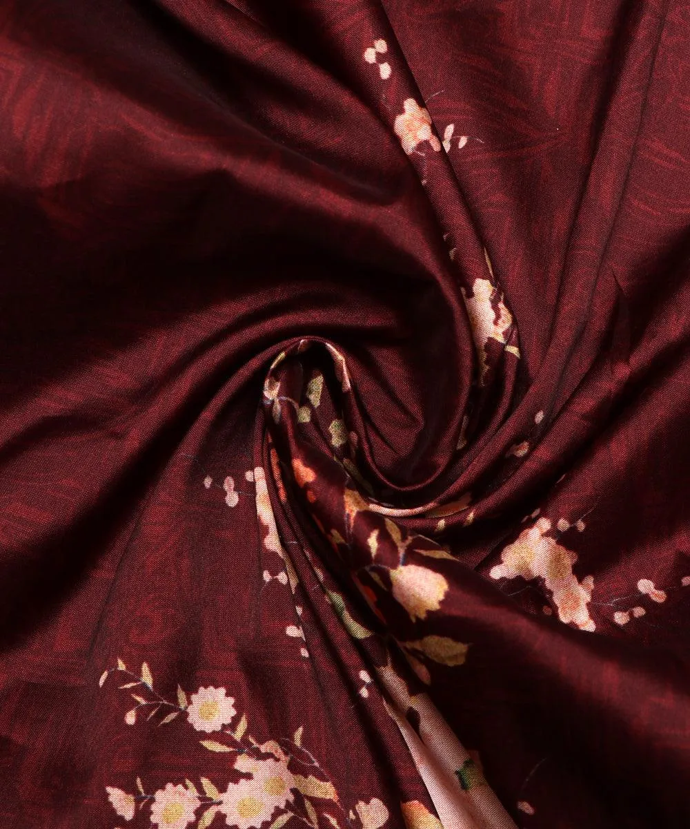 Brown Colour Floral Design Satin Moss Fabric