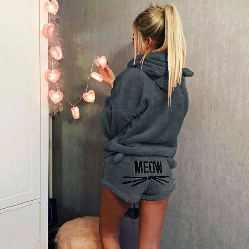 Cute Cat Print Candy Color Loverly Hooded with Shorts Women Fluffy Pajama Sets