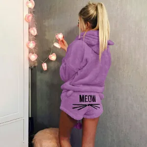 Cute Cat Print Candy Color Loverly Hooded with Shorts Women Fluffy Pajama Sets
