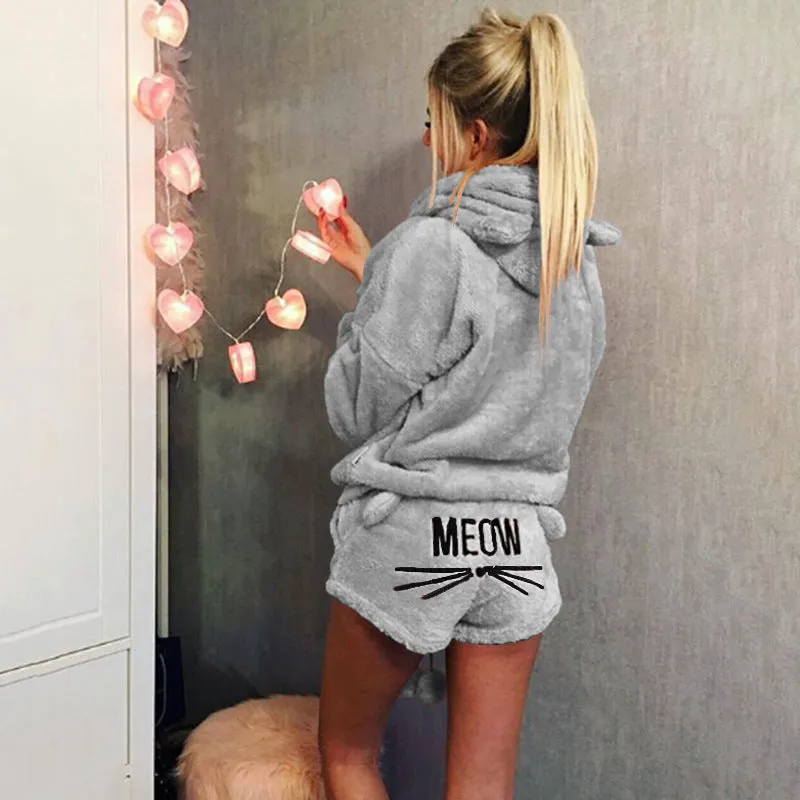 Cute Cat Print Candy Color Loverly Hooded with Shorts Women Fluffy Pajama Sets